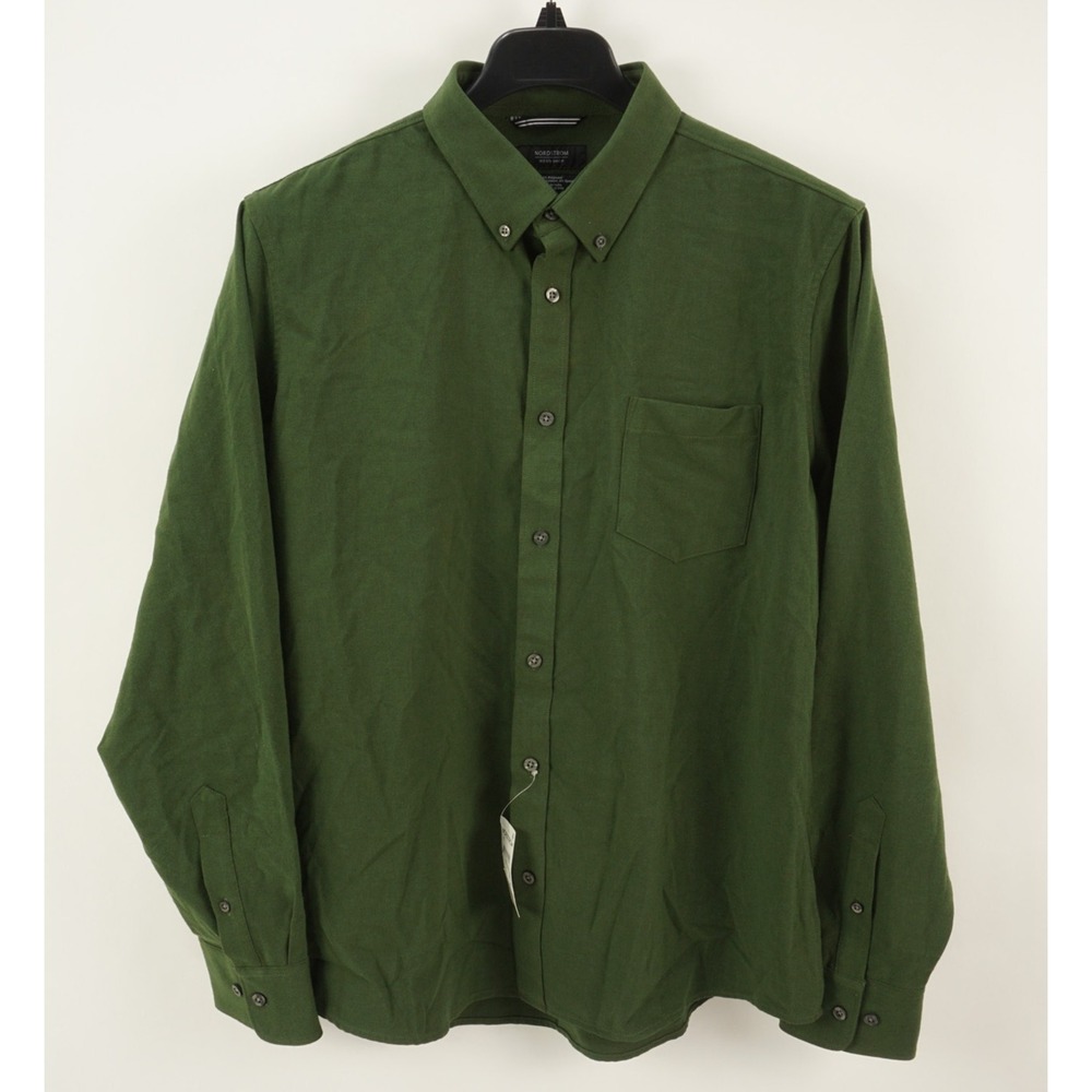 New Nordstrom‎ Knit Stretch Flannel Shirt Men's XL Trim Fit Green Button Down